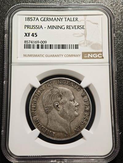 【德藏】世界币章拍卖第167期（拍品征集中~欢迎藏友联系） - 1857年 德国普鲁士威廉四世曼斯菲尔德矿业泰勒银币 NGC XF45 原味包浆