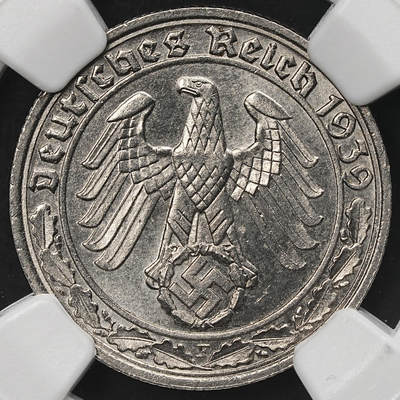 修遠堂世界钱币第107期 - NGC MS64 1939年德国50芬尼，坦克币，F厂铭