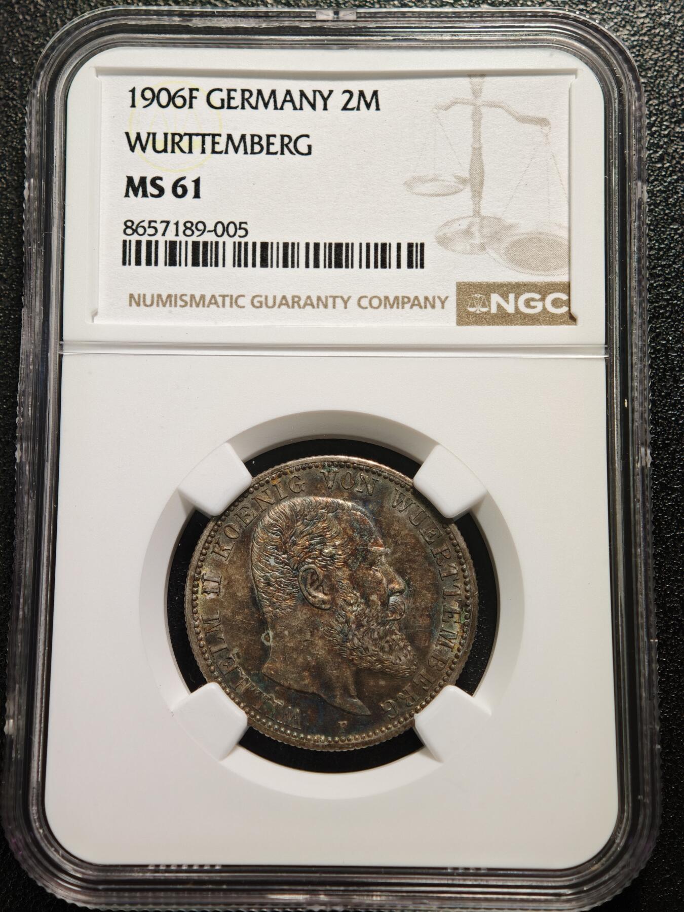 【德藏】世界币章拍卖第167期（拍品征集中~欢迎藏友联系） 1906年 德国符腾堡2马克银币 NGC MS61 深五彩包浆 极具吸引力