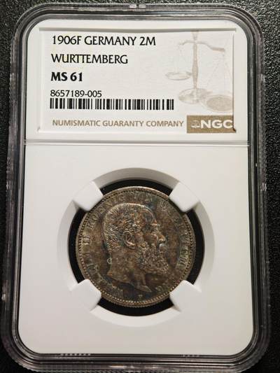 【德藏】世界币章拍卖第167期（拍品征集中~欢迎藏友联系） - 1906年 德国符腾堡2马克银币 NGC MS61 深五彩包浆 极具吸引力