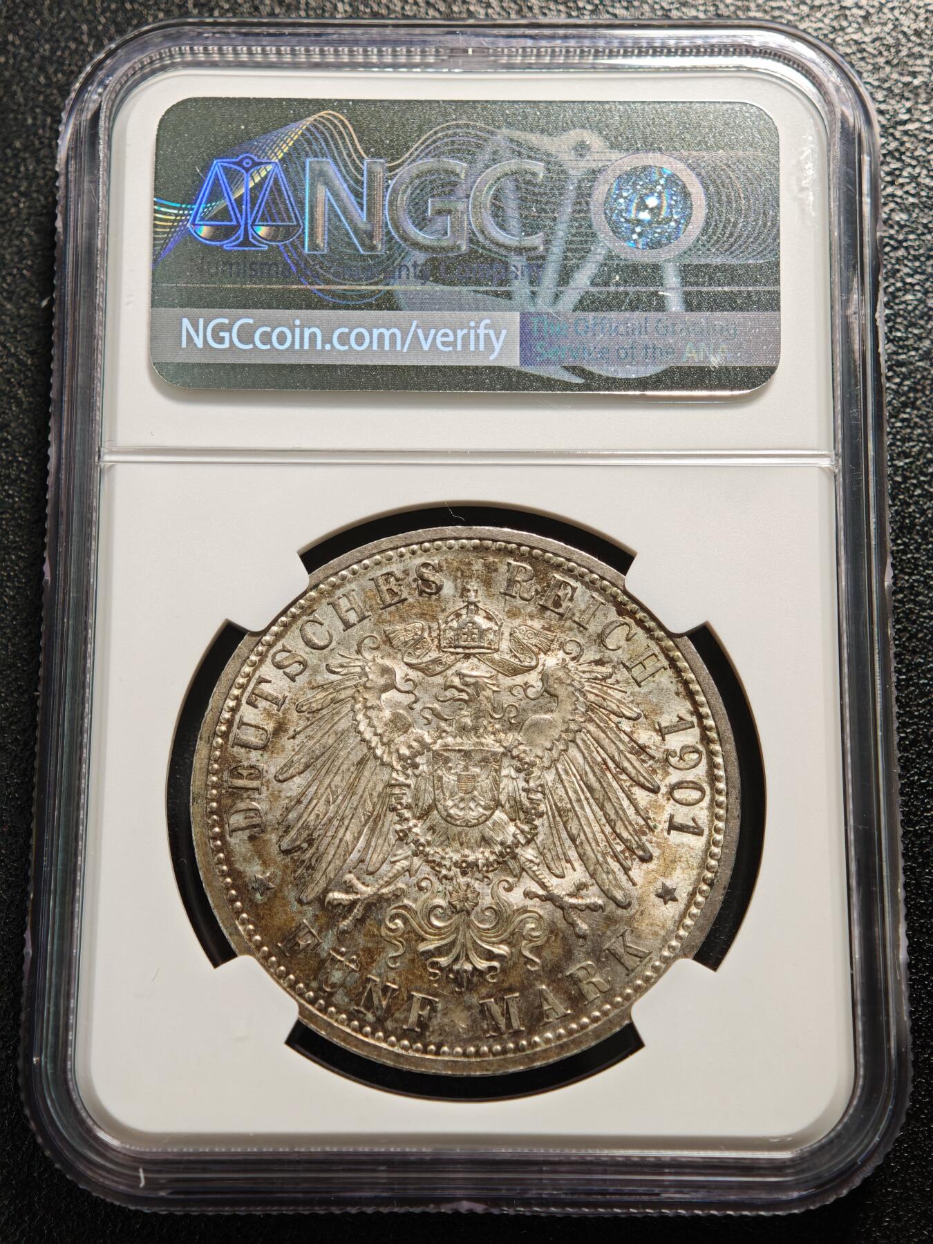 【德藏】世界币章拍卖第167期（拍品征集中~欢迎藏友联系） 1901年 德国普鲁士建国200周年5马克大银币 NGC MS63 深彩包浆 兼备原光及转光