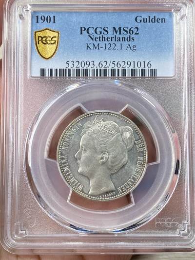 万国钱币拍卖第062期 - NGC MS61 1901年荷兰王国威廉敏娜女王青年头像1盾银币 极美香槟淡彩转光 青年皇冠版好品难得一见