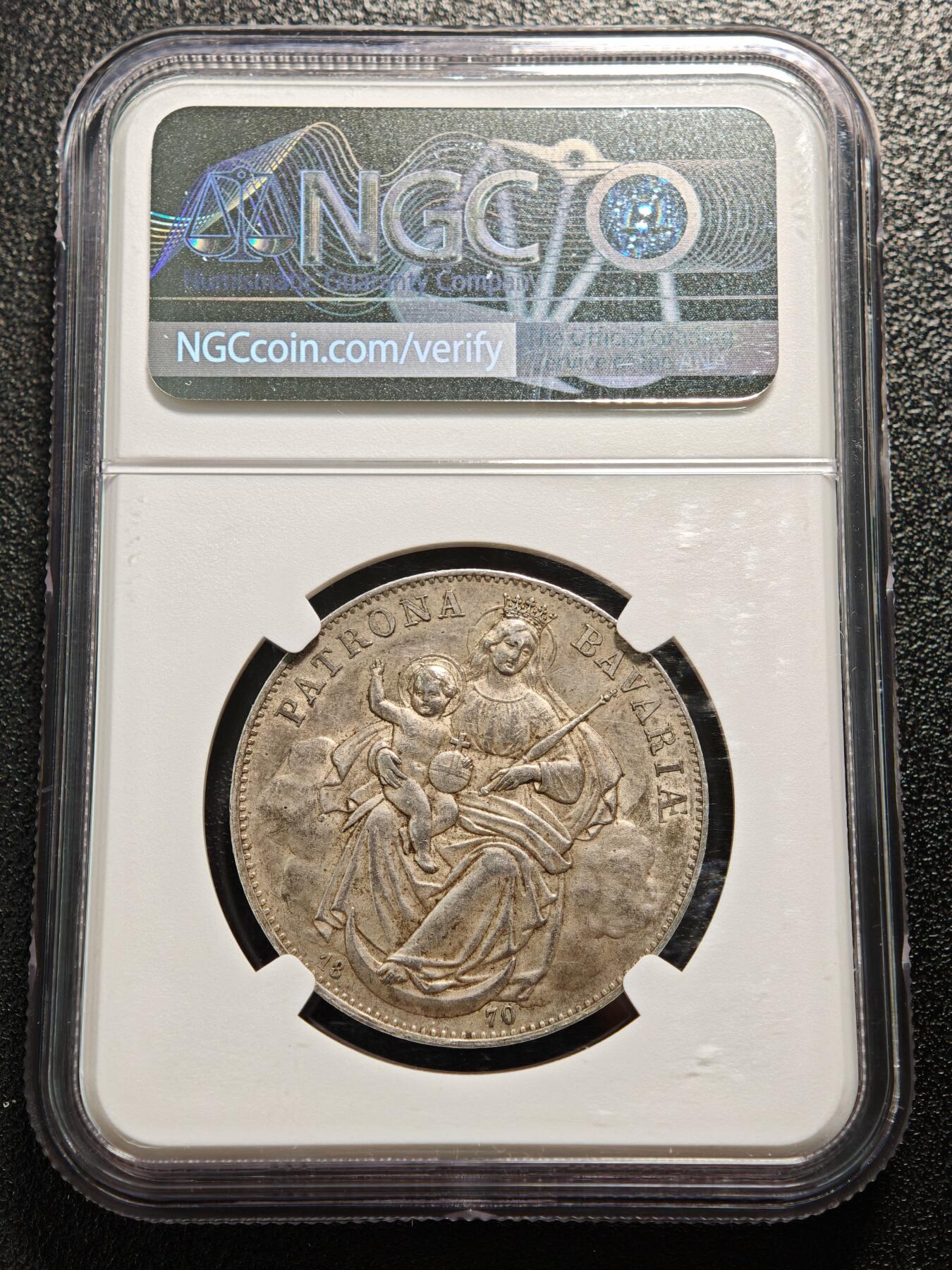 【德藏】世界币章拍卖第167期（拍品征集中~欢迎藏友联系） 1870年 德国巴伐利亚圣母抱婴泰勒银币 NGC AU55 原味淡包浆 状态极佳