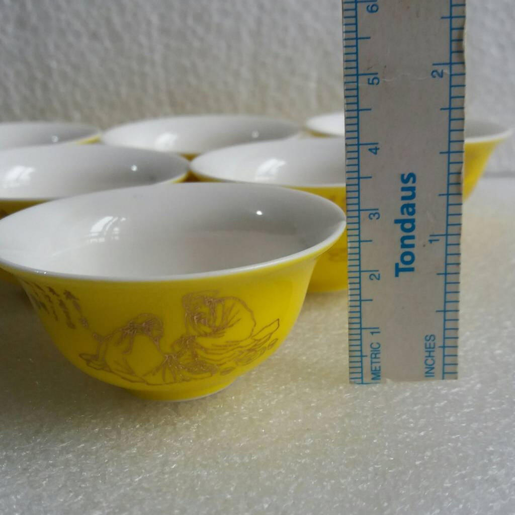       七八十年代描金人物小黄茶杯酒杯功夫茶杯1组6个库存老货旧藏文玩艺术收藏