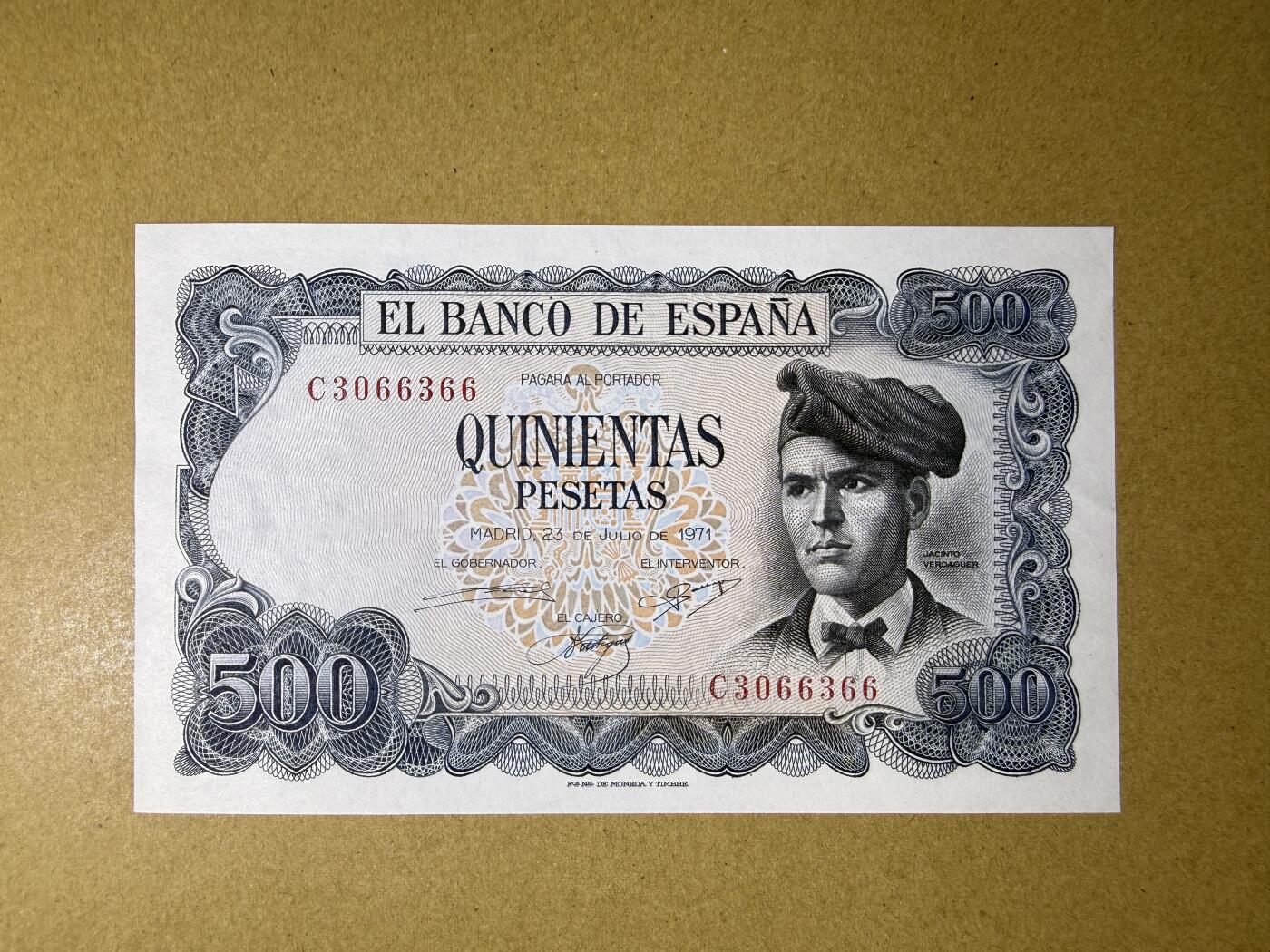《艾美收藏》第236期-3.15周日外币畅拍 西班牙500比塞塔 UNC 1971年 西班牙诗人维达格尔 无47双尾
