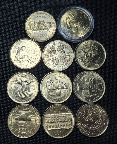 外国优质老铜币银币苏联纪念章，每周六晚九点倒数截拍，满百包邮可寄存，持续收拍 - 好品意大利200里拉纪念币11枚。币面多为历史事件、文化符号与经典女性头像，见证了意大利从战后到欧元区的货币演变，是意大利文化与历史的重要载体。