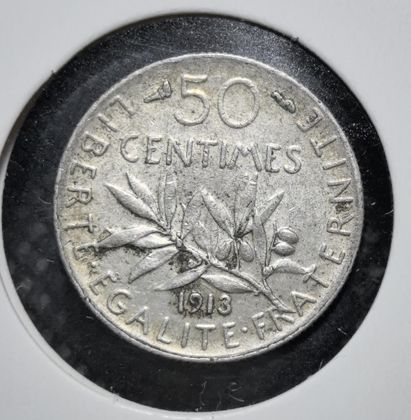 外国优质老铜币银币苏联纪念章，每周六晚九点倒数截拍，满百包邮可寄存，持续收拍 法国第三共和国1913年50生丁银币。正面为播种者女神像，背面刻有自由平等博爱格言，属当时主流小额流通银币。