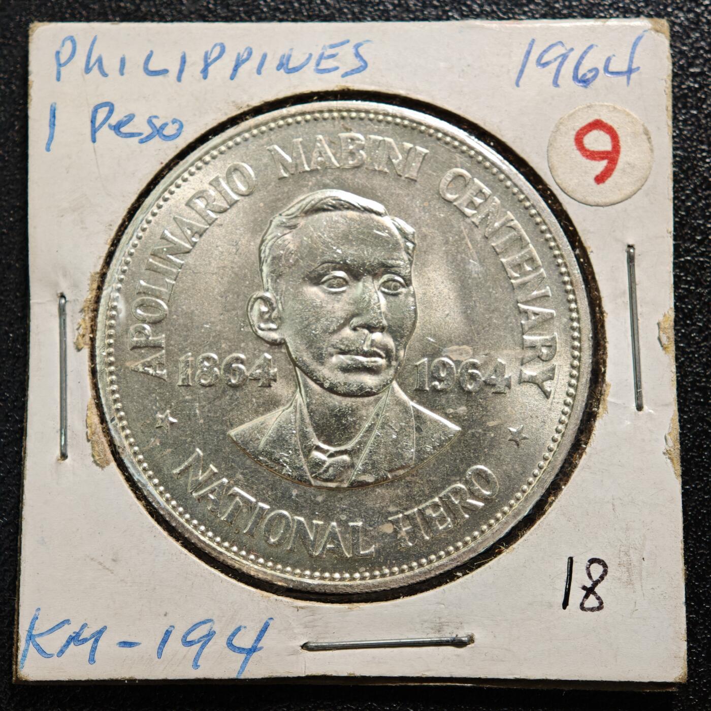 【德藏】世界币章拍卖第167期（拍品征集中~欢迎藏友联系） 老藏家集藏系列之- 1964年 菲律宾1比索银币 900银 重约：26g 入册20余年·附有当年购入价