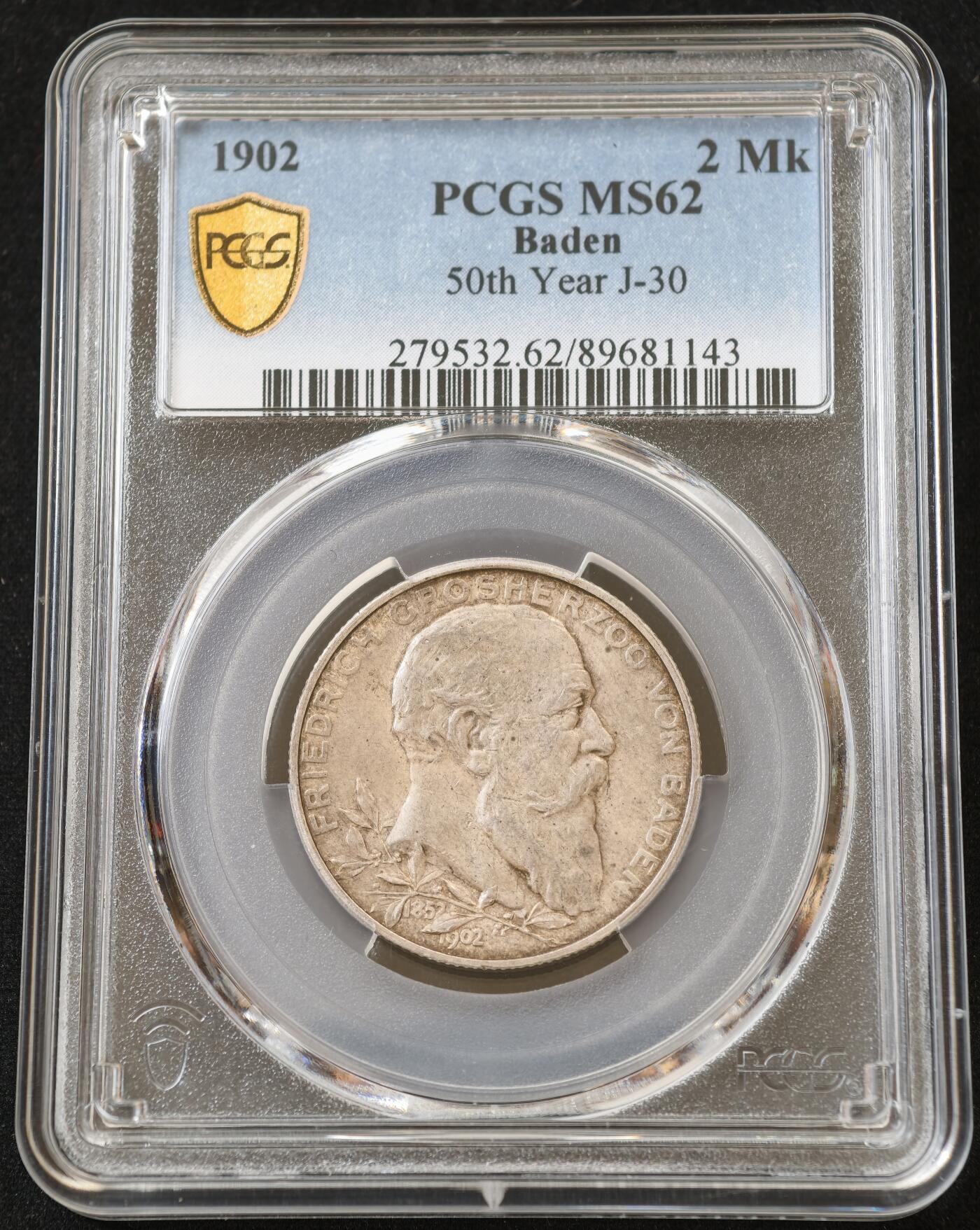 甄臻铺-世界币章拍卖（第54期），3月28日甄品场拍品征集中，送拍享返佣金等优惠多多 PCGS-MS62 1902年德国巴登二马克淡淡欧洲彩