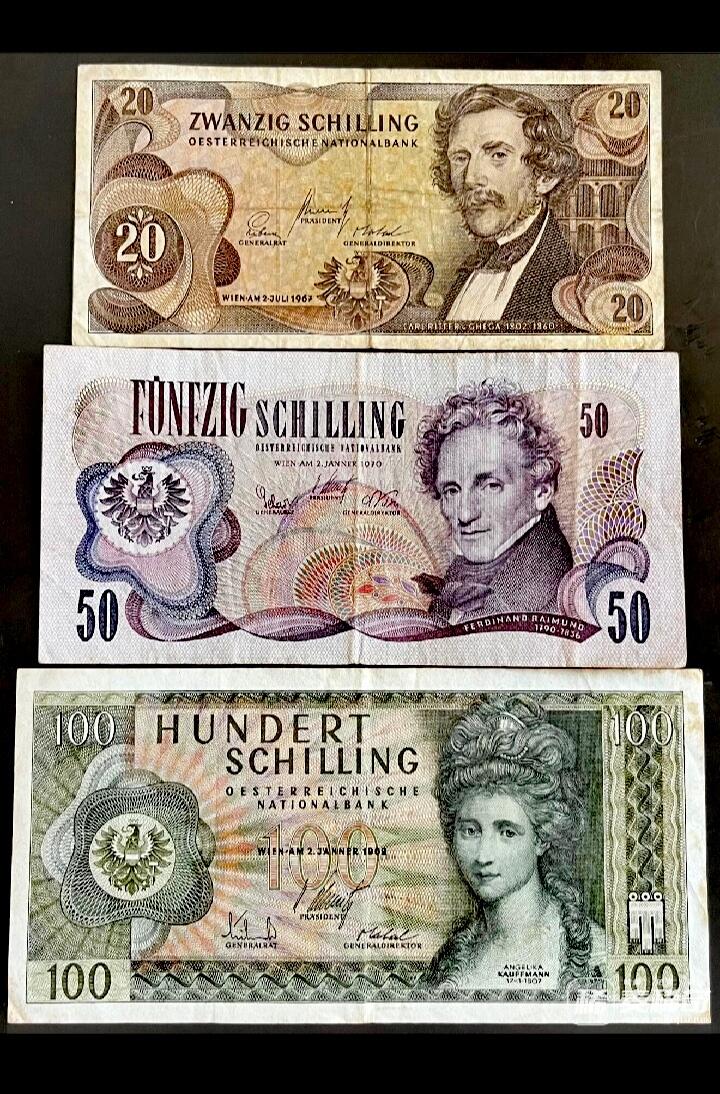 奥地利1967、1970、1969年20、50、100先令纸币3枚一组
