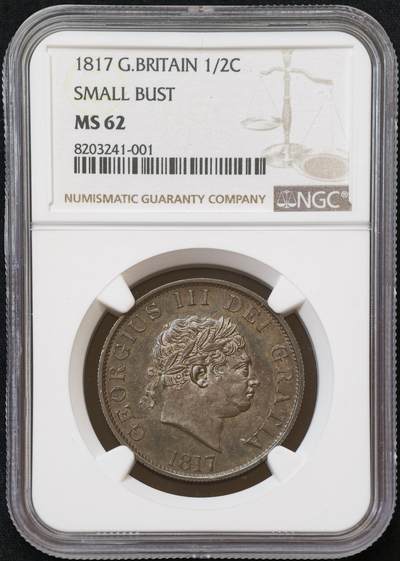 甄臻铺-世界币章拍卖（第54期），3月28日甄品场拍品征集中，送拍享返佣金等优惠多多 - NGC-MS62 大英帝国1817年乔治三世牛头半克朗，黑五彩！实物上手令人惊艳的包浆。