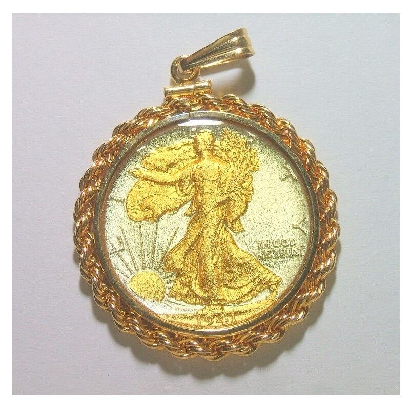【银】纯手工银 美国1941年行走女神银币 镀金高浮雕精制银币章吊坠 带12K金圈 38MM