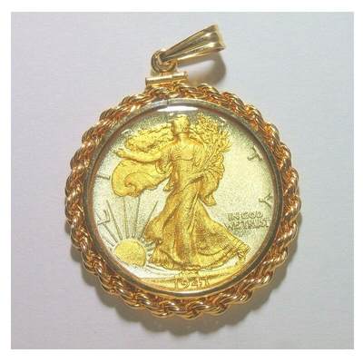 【银】纯手工银 美国1941年行走女神银币 镀金高浮雕精制银币章吊坠 带12K金圈 38MM - 【银】纯手工银 美国1941年行走女神银币 镀金高浮雕精制银币章吊坠 带12K金圈 38MM