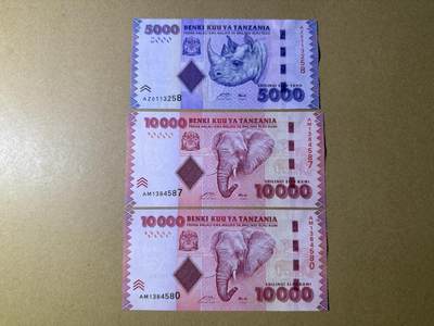 《艾美收藏》第236期-3.15周日外币畅拍 - 坦桑尼亚5000、10000先令3张 UNC 犀牛和大象