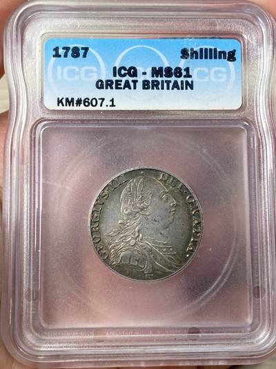万国钱币拍卖第062期 - ICG MS61 1787年英国乔治三世1先令银币 五彩原味 原始状态