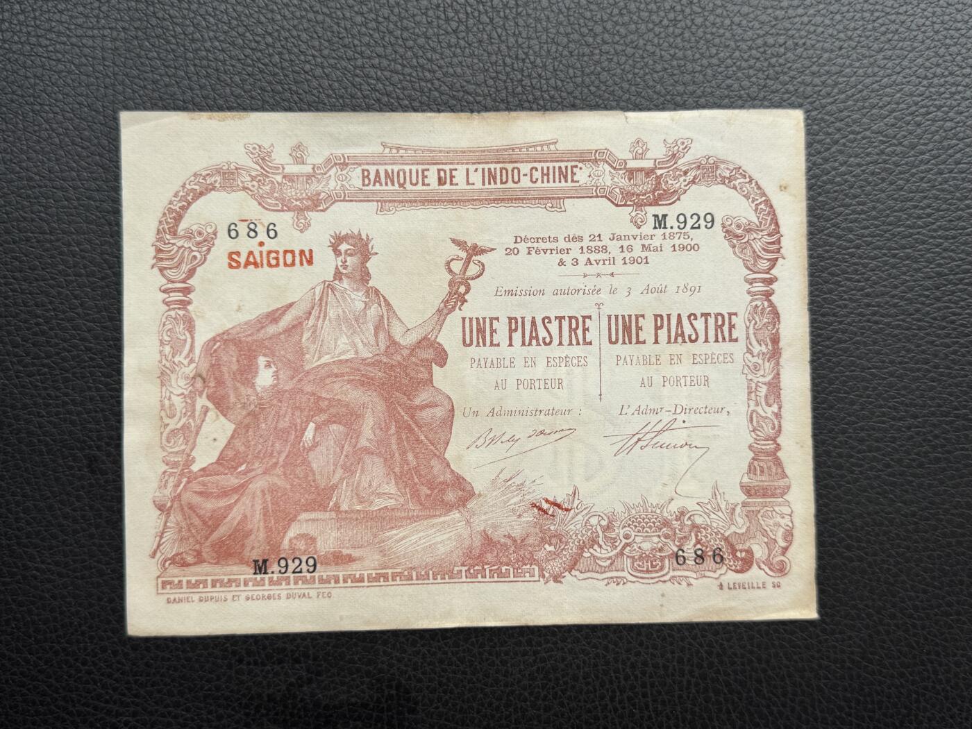 桂P钱币文化工作室拍卖第四十八期 法属印支东方汇理银行早期壹圆，经典百年老钞，针孔处有小修，整体很好