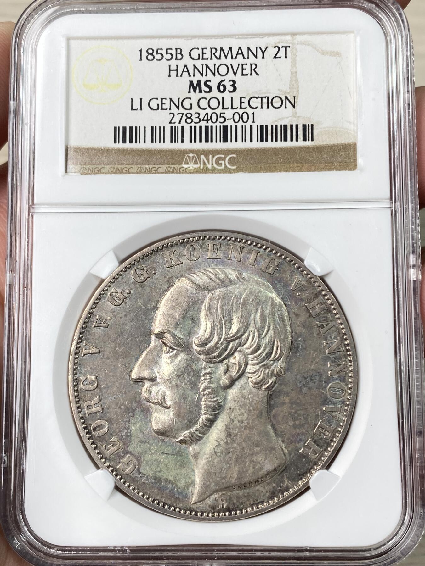 万国钱币拍卖第062期 NGC MS63 1855年德国汉诺威狮马盾徽流通2泰勒 难得早期年份（比后期版本略重） 原味玫瑰香槟色调包浆裹身全深打车轮转光底板 几近消失的高品汉诺威2T NGC老盒典藏级品质