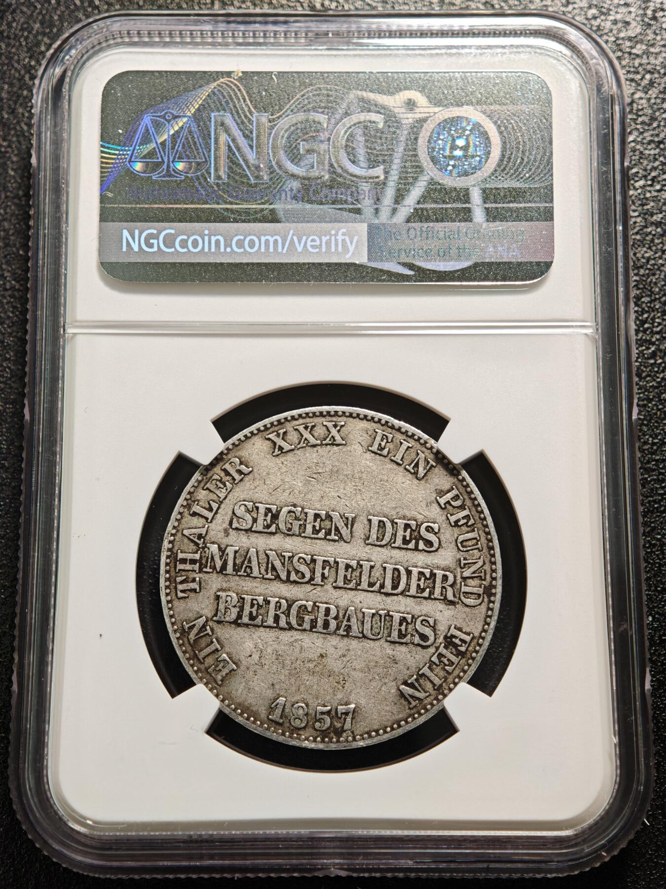 【德藏】世界币章拍卖第167期（拍品征集中~欢迎藏友联系） 1857年 德国普鲁士威廉四世曼斯菲尔德矿业泰勒银币 NGC XF45 原味包浆