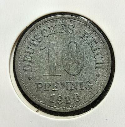 外国优质老铜币银币苏联纪念章，每周六晚九点倒数截拍，满百包邮可寄存，持续收拍 - 德意志帝国（魏玛共和国初期）1920年10芬尼铁币，正面为帝国鹰国徽，背面标注面值与年份。发行于一战后，因战后经济崩溃、金属短缺，沿用战时铁铸币模式，见证德国从帝国向共和国过渡的动荡经济史。