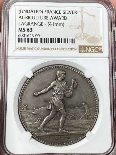 万国钱币拍卖第062期 - NGC MS63 19世纪末法国第三共和国农业部大银章 磨砂浮雕质感 41mm