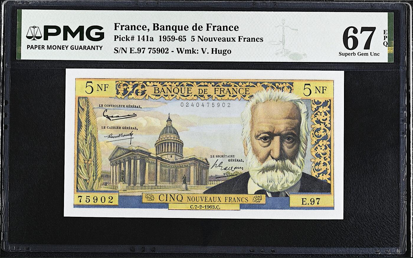 《艾美收藏》第236期-3.15周日外币畅拍 法国5法郎 PMG67E 1963年 法国作家维克多·雨果 亚军分