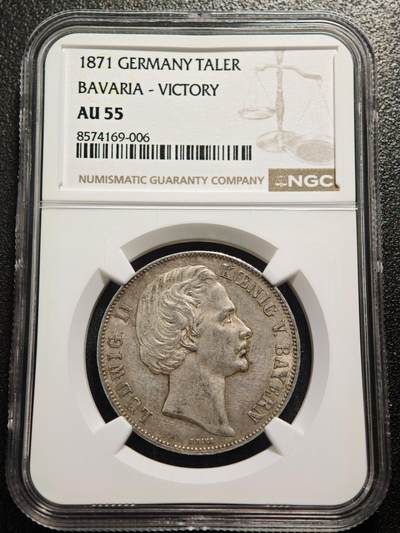 【德藏】世界币章拍卖第167期（拍品征集中~欢迎藏友联系） - 1871年 德国巴伐利亚慕尼黑胜利泰勒银币 NGC AU55 淡黄油包浆