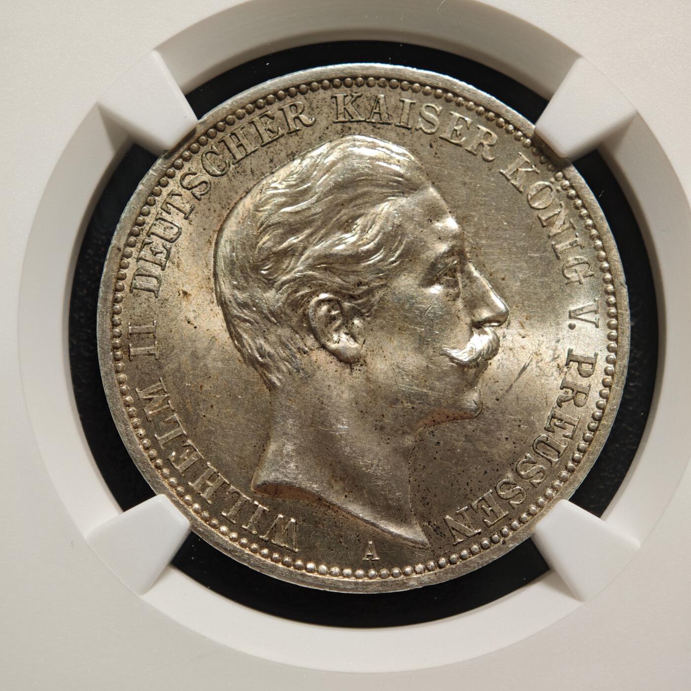 【德藏】世界币章拍卖第167期（拍品征集中~欢迎藏友联系） 1909年 德国普鲁士威廉二世3马克银币 NGC MS63 原光十足