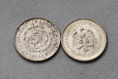 甄臻铺-世界币章拍卖（第54期），3月28日甄品场拍品征集中，送拍享返佣金等优惠多多 - 墨西哥鹰洋2枚，UNC转光 1945年720银 1964年一成银，细节见图