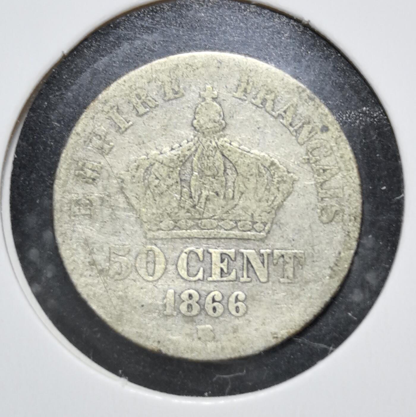外国优质老铜币银币苏联纪念章，每周六晚九点倒数截拍，满百包邮可寄存，持续收拍 法兰西第二帝国1866年50生丁银币，正面为拿破仑三世头像，背面是帝国皇冠与面值。它诞生于拉丁货币同盟成立初期，是法国工业革命与帝国扩张期的流通货币，1870 年普法战争后随帝国终结而停铸。