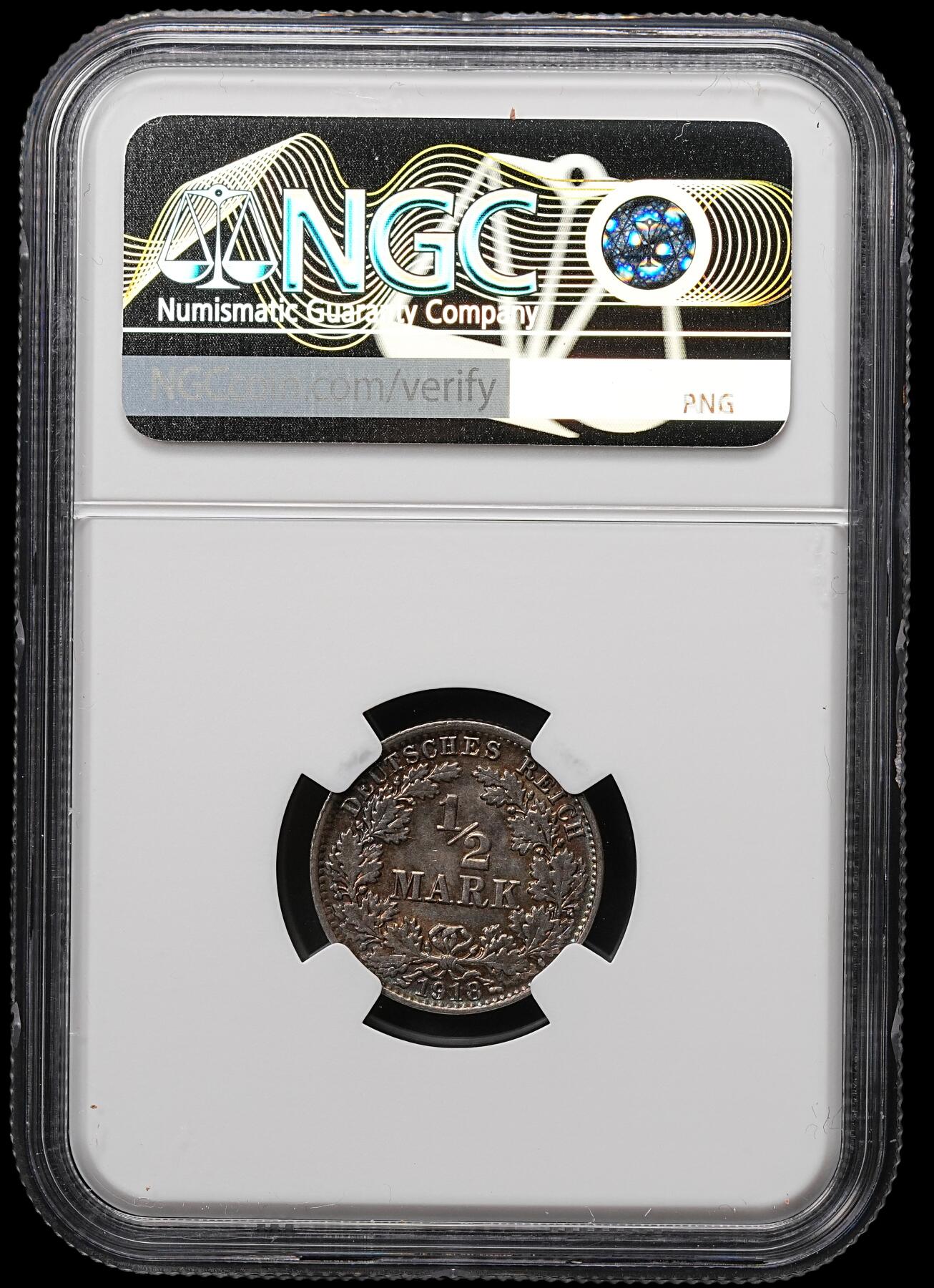 修遠堂世界钱币第107期 NGC MS65 1918年德国1/2马克银币 A厂铭 通体黑彩
