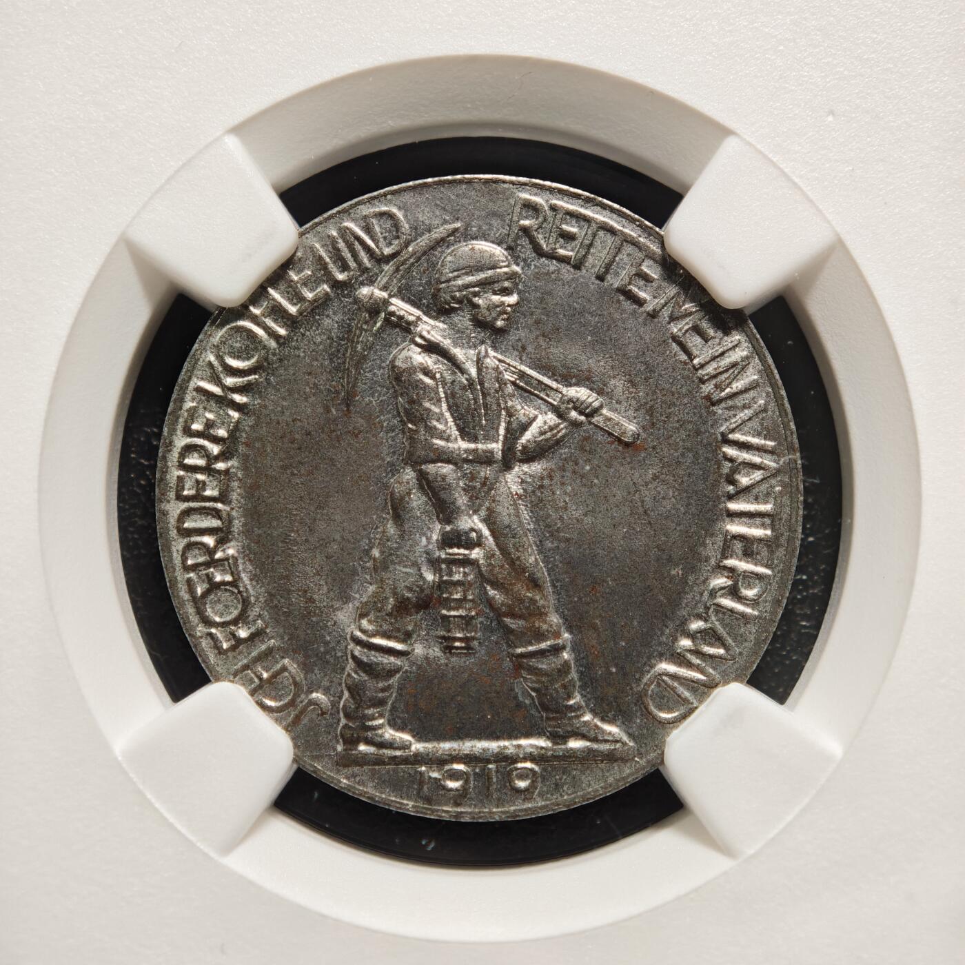 【德藏】世界币章拍卖第167期（拍品征集中~欢迎藏友联系） 1919年 德国紧急时期迪伦矿工25芬尼铁币 NGC MS62 保存不易 状态极佳