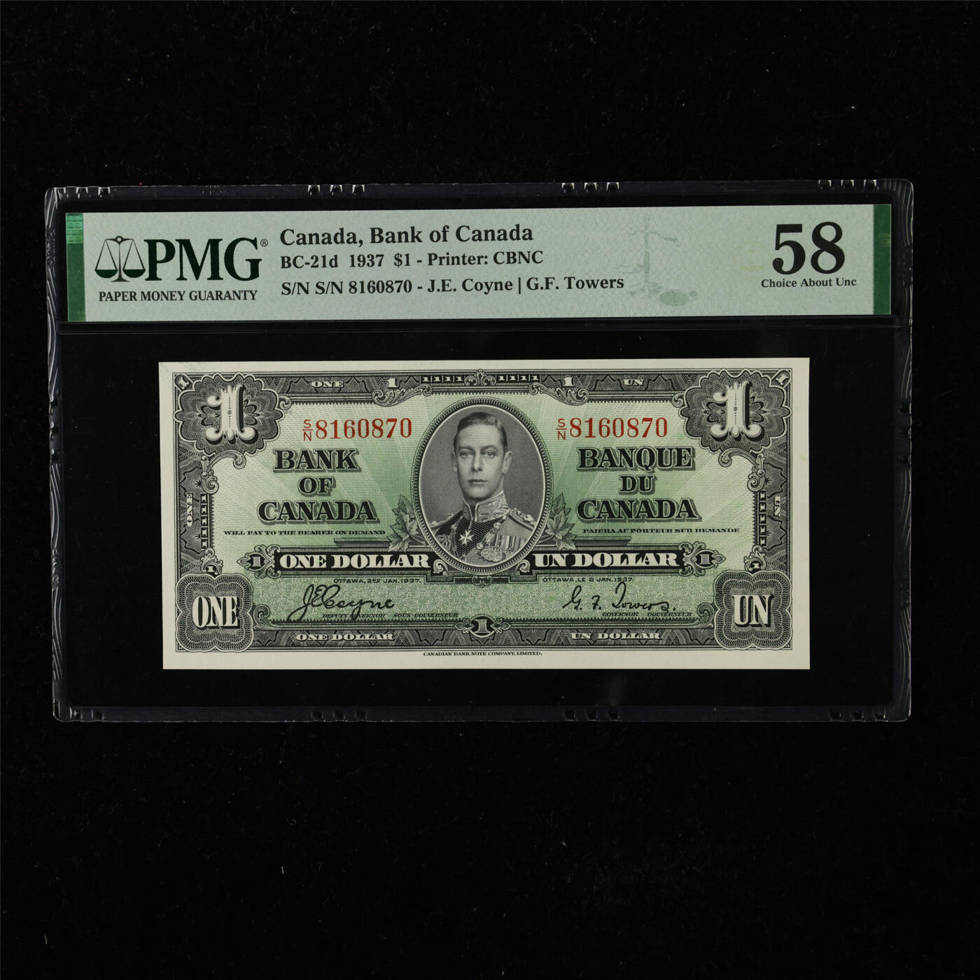 【亘邦集藏】第222期拍卖 1937年 加拿大1元 PMG 58 8160870