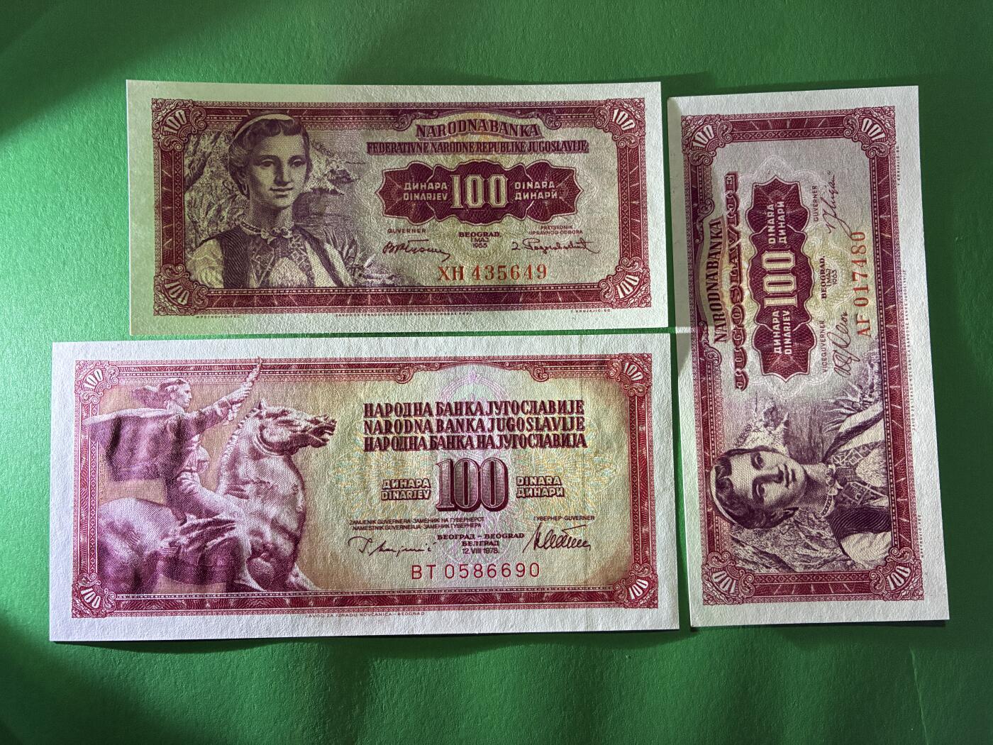 咖啡豆•收藏 2026年Mar_18th世界各国纸币拍卖 3枚 南斯拉夫 1955-1978年 100第纳尔 全新UNC 外国纸币