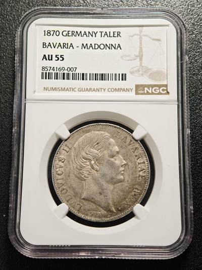 【德藏】世界币章拍卖第167期（拍品征集中~欢迎藏友联系） - 1870年 德国巴伐利亚圣母抱婴泰勒银币 NGC AU55 原味淡包浆 状态极佳