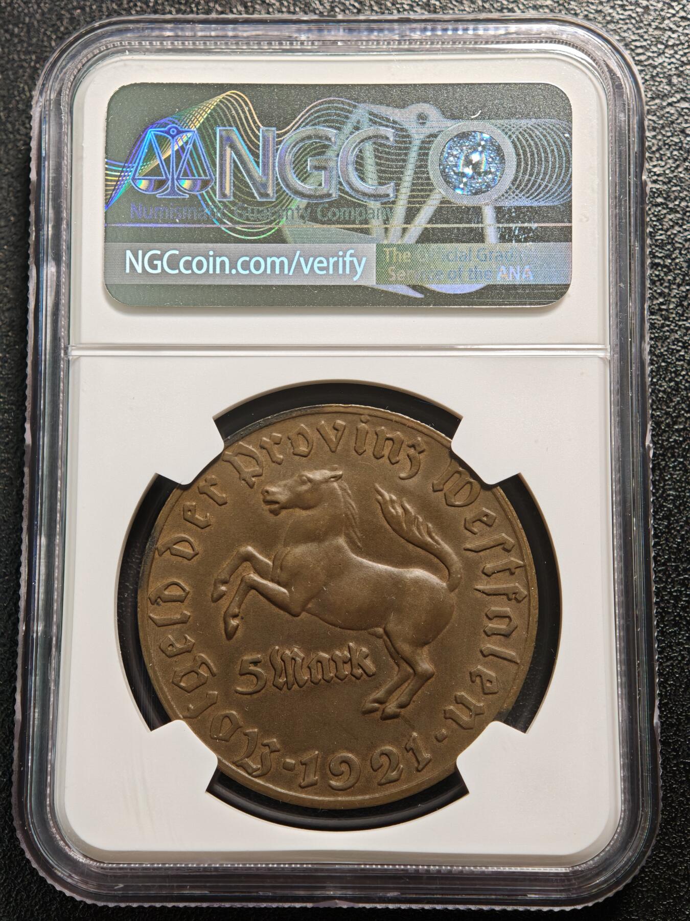 【德藏】世界币章拍卖第167期（拍品征集中~欢迎藏友联系） 稀少！马币总筋！ 1921年 德国德紧威斯特法伦5马克马币铜币 发行量仅4000多枚 NGC MS62 状态极佳