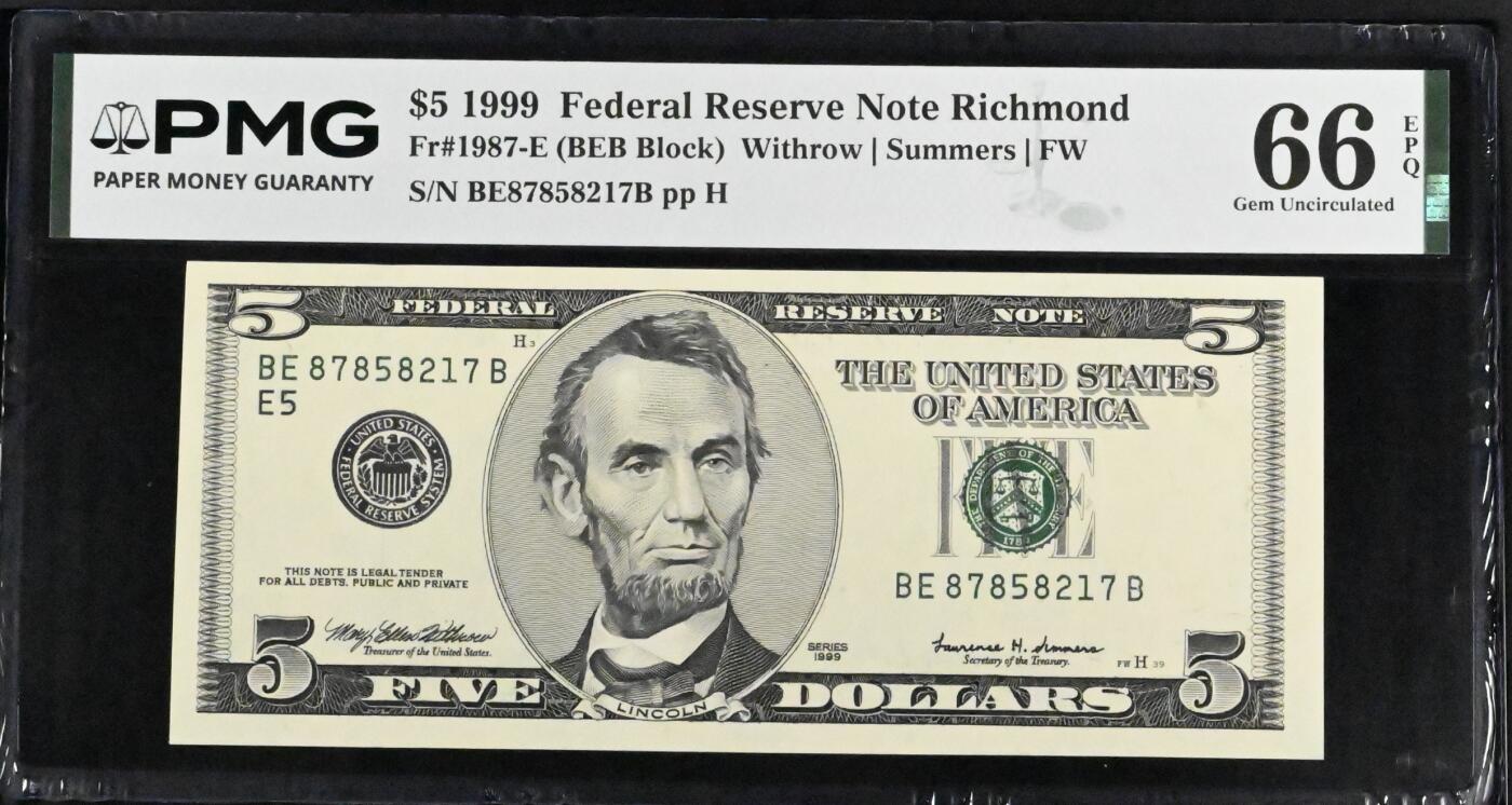 《艾美收藏》第236期-3.15周日外币畅拍 美国5美元 PMG66E 1999年 无4