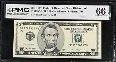 《艾美收藏》第236期-3.15周日外币畅拍 - 美国5美元 PMG66E 1999年 无4