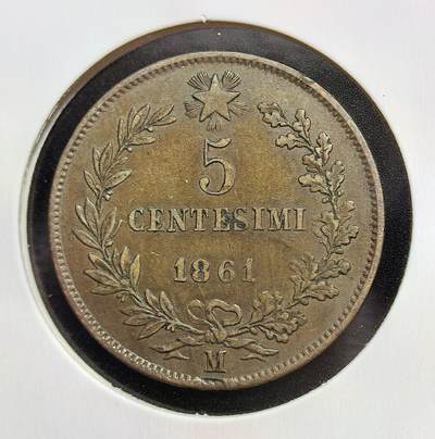 外国优质老铜币银币苏联纪念章，每周六晚九点倒数截拍，满百包邮可寄存，持续收拍 - 极美品意大利统一后1861年首版 5 分铜币，正面为开国国王维克托・伊曼纽尔二世侧面像，背面标注面值与年份，由米兰造币厂铸造，见证了意大利王国诞生，是近代意大利统一的重要实物见证。