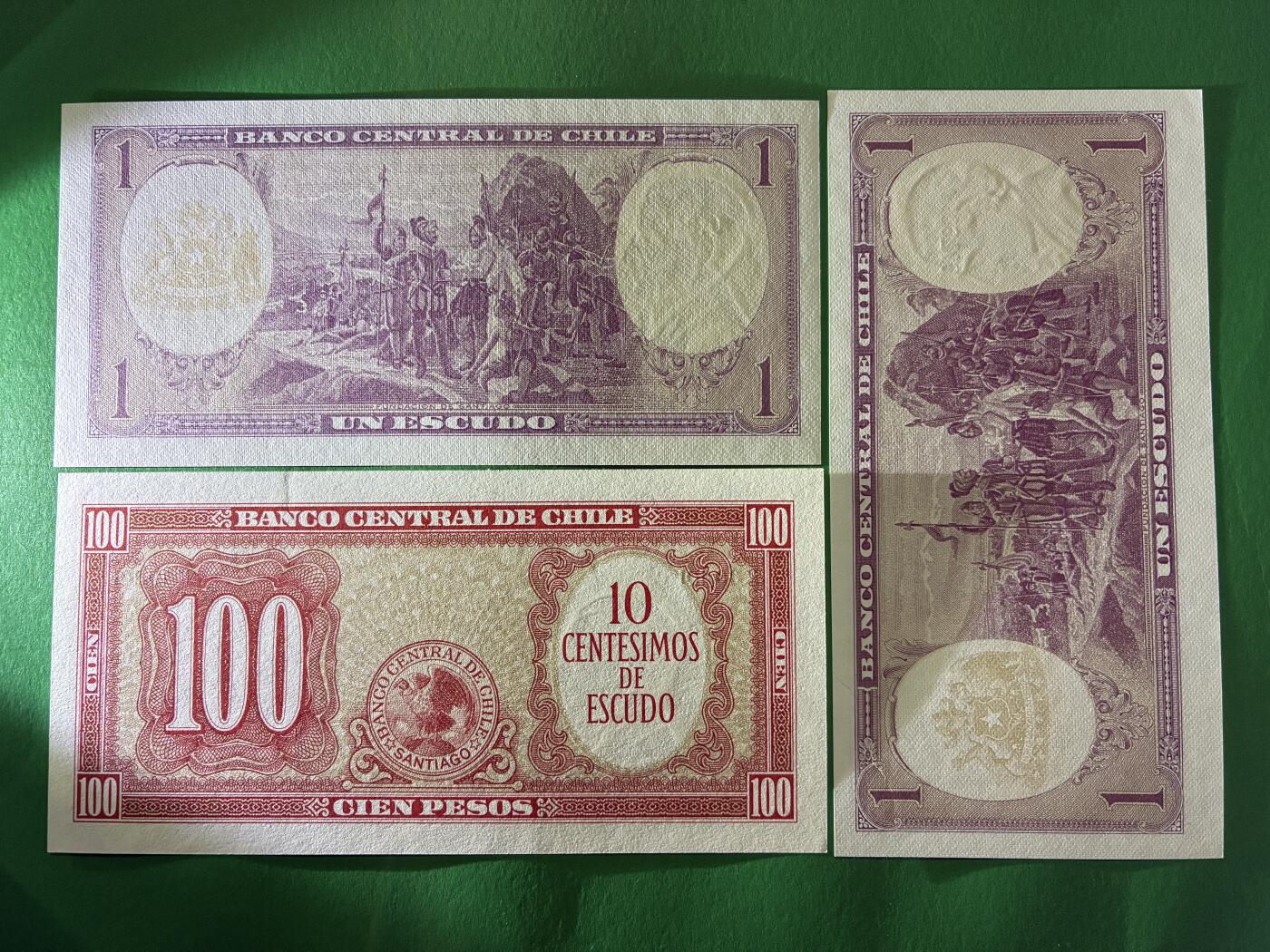 咖啡豆•收藏 2026年Mar_18th世界各国纸币拍卖 3枚 智利 1埃斯库多&100比索 全新UNC 外国纸币