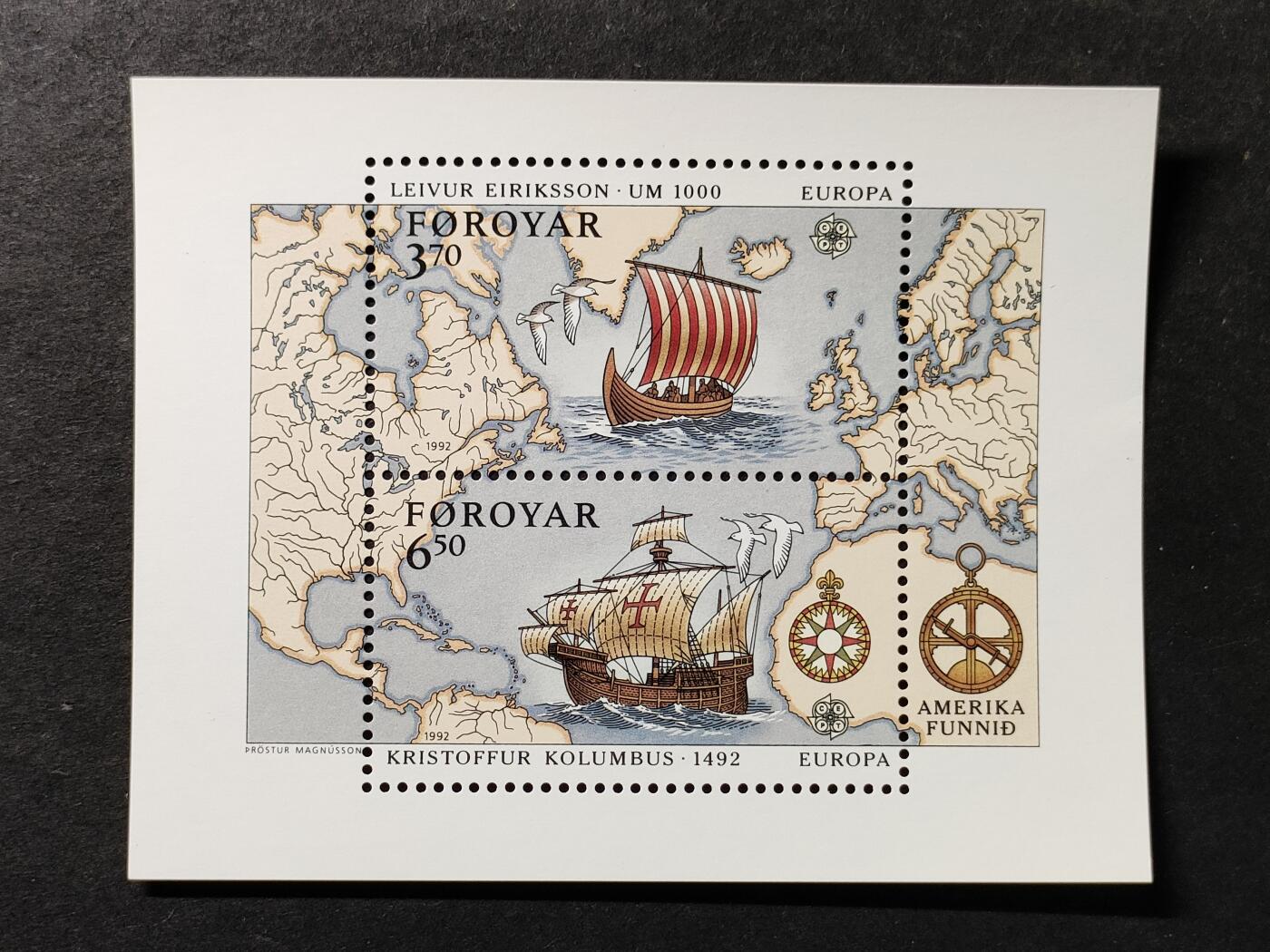 ↓君缘收藏761期☞钱币邮品↓无佣金、可寄存、满30元包邮  法罗群岛邮票，1992年发现美洲500周年:维京探险家莱夫·埃里克松横跨大西洋和哥伦布发现美洲大陆 帆船地图邮票小全张