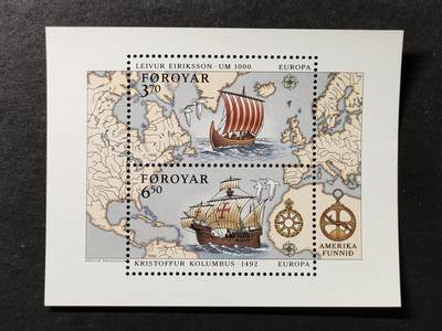 ↓君缘收藏761期☞钱币邮品↓无佣金、可寄存、满30元包邮  - 法罗群岛邮票，1992年发现美洲500周年:维京探险家莱夫·埃里克松横跨大西洋和哥伦布发现美洲大陆 帆船地图邮票小全张