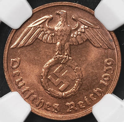 修遠堂世界钱币第107期 - NGC MS64RB 1939年德国2芬尼铜币 G厂铭