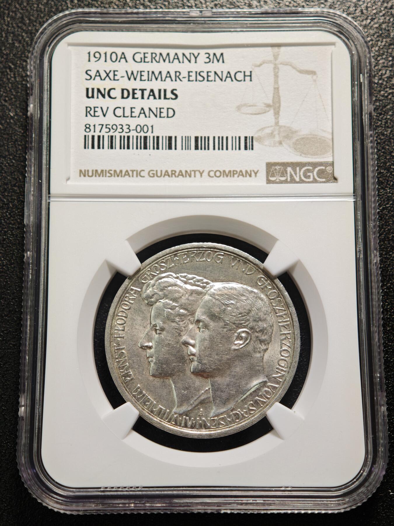 【德藏】世界币章拍卖第167期（拍品征集中~欢迎藏友联系） 1910年 德国萨克森魏玛艾森纳赫大公银婚3马克纪念银币 NGC UNC