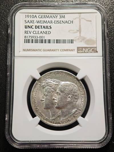 【德藏】世界币章拍卖第167期（拍品征集中~欢迎藏友联系） - 1910年 德国萨克森魏玛艾森纳赫大公银婚3马克纪念银币 NGC UNC