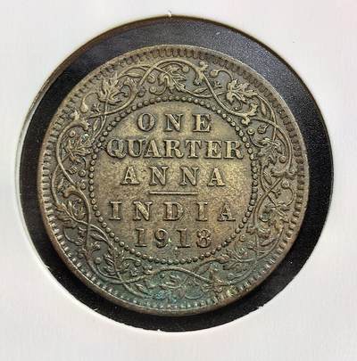 外国优质老铜币银币苏联纪念章，每周六晚九点倒数截拍，满百包邮可寄存，持续收拍 - 英属印度1918年1/4 安娜铜币，正面为英王乔治五世像，象征英国殖民统治。它是英印货币体系的组成部分，见证了印度在殖民时期的经济与社会状况，也是大英帝国殖民扩张的实物遗存。