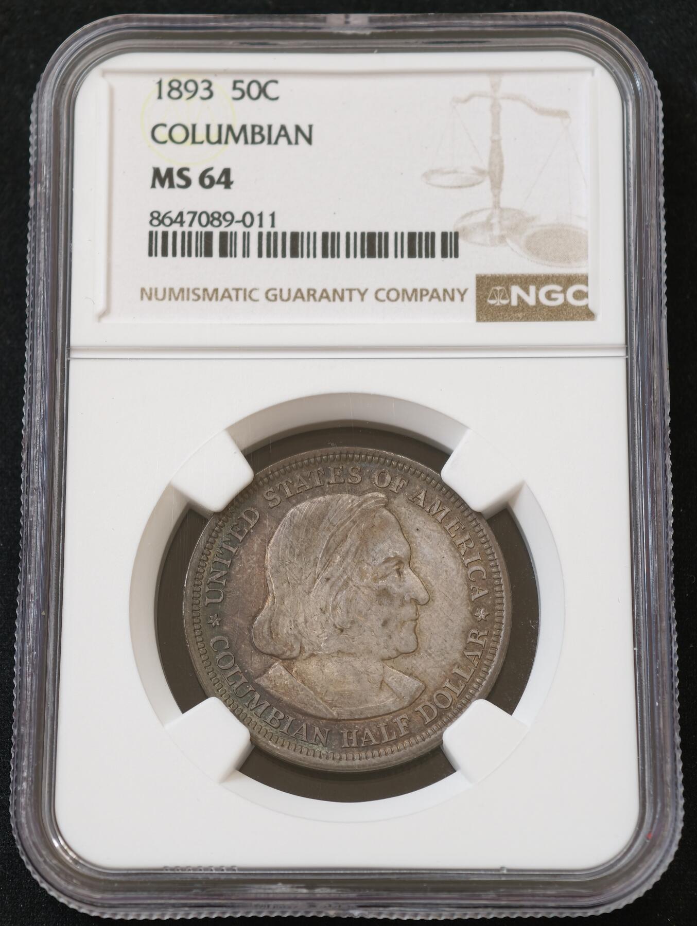 甄臻铺-世界币章拍卖（第54期），3月28日甄品场拍品征集中，送拍享返佣金等优惠多多 NGC-MS64 1893年美国哥伦布纪念50美分