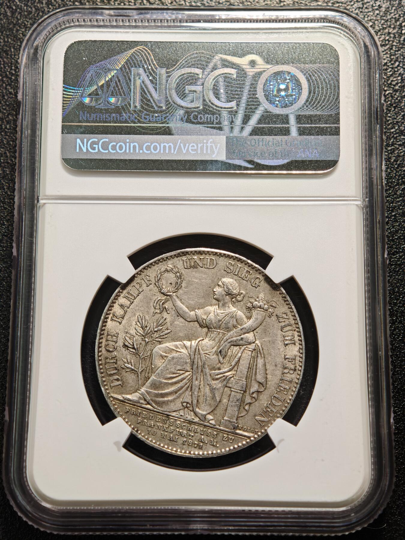 【德藏】世界币章拍卖第167期（拍品征集中~欢迎藏友联系） 1871年 德国巴伐利亚慕尼黑胜利泰勒银币 NGC AU55 淡黄油包浆