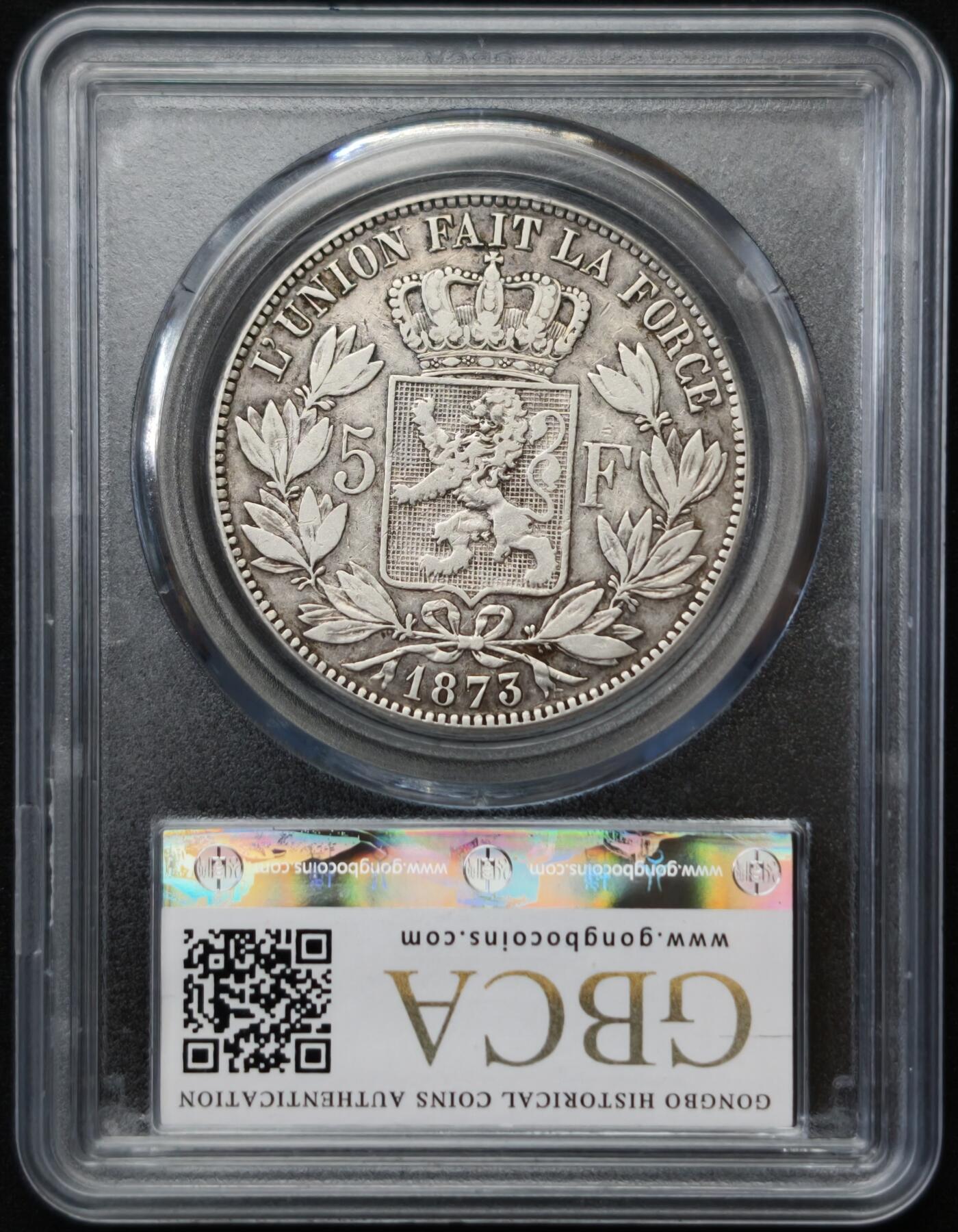 甄臻铺-世界币章拍卖（第54期），3月28日甄品场拍品征集中，送拍享返佣金等优惠多多 公博-XF45 1873 比利时银币 5法郎