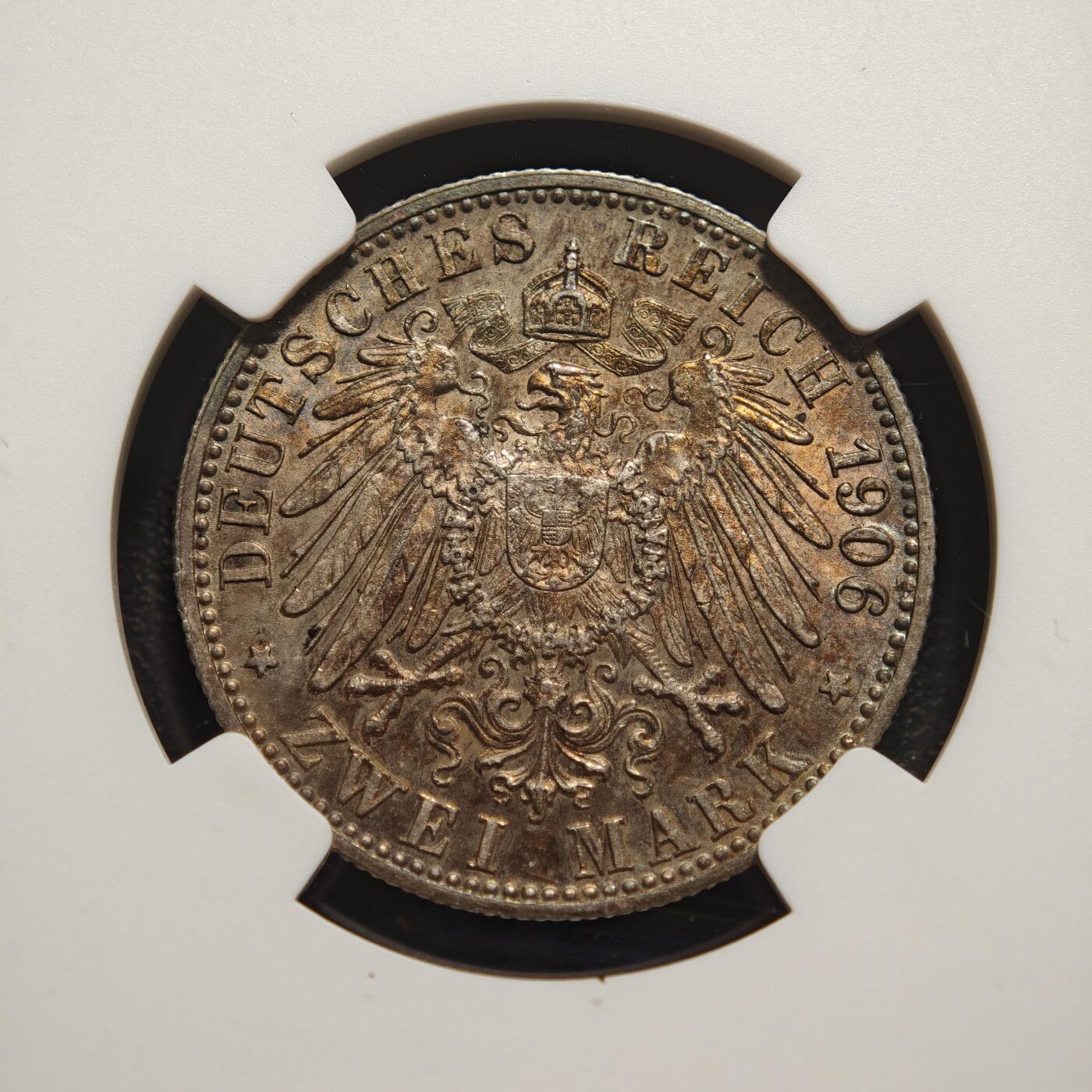 【德藏】世界币章拍卖第167期（拍品征集中~欢迎藏友联系） 1906年 德国符腾堡2马克银币 NGC MS61 深五彩包浆 极具吸引力