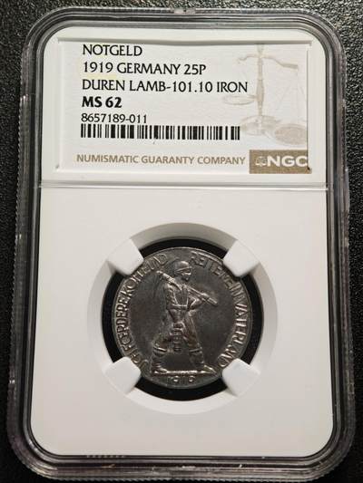 【德藏】世界币章拍卖第167期（拍品征集中~欢迎藏友联系） - 1919年 德国紧急时期迪伦矿工25芬尼铁币 NGC MS62 保存不易 状态极佳